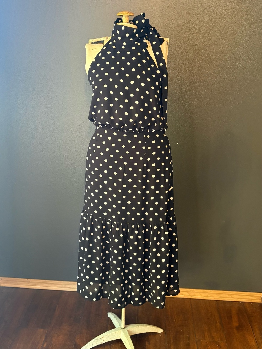 Black White Polka Dot Halter Dress Sz Large